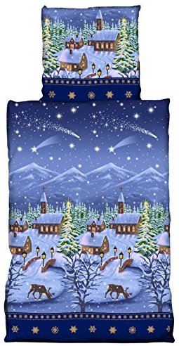 Schöne Bettwäsche aus Biber - Weihnachten blau 135x200 von one-home