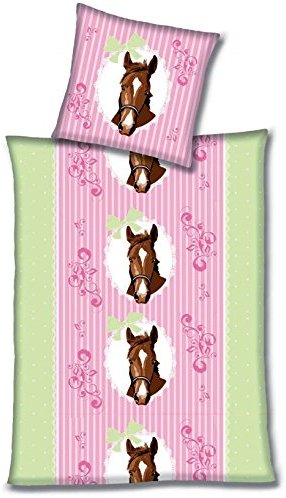 Schöne Bettwäsche aus Flanell - Pferde rosa 135x200 von Aminata Kids